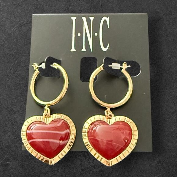 INC International Concepts Gold-Tone Red Heart Hoop Earrings - Picture 1 of 2